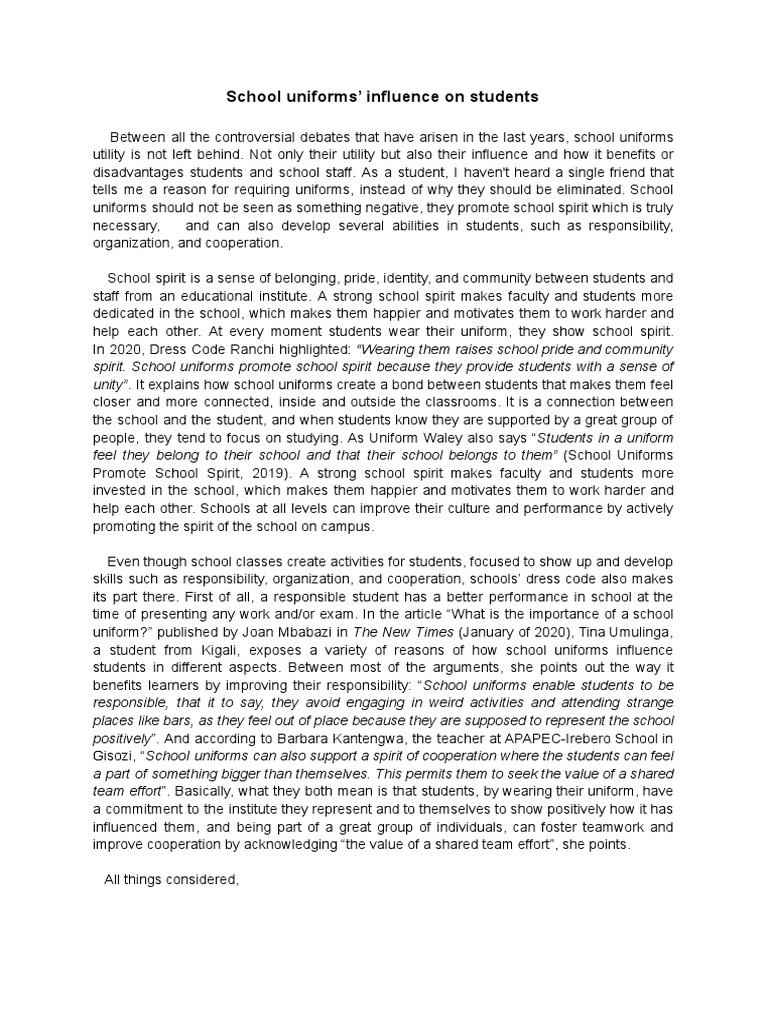 School Uniforms' Influence On Students PDF Psychological Concepts Psychology