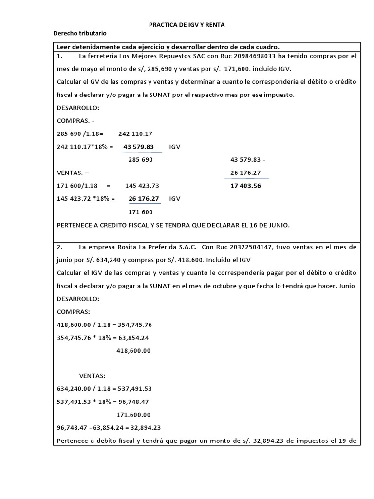 Ejercicios Prácticos de IGV y Renta | PDF | Impuesto sobre la renta ...