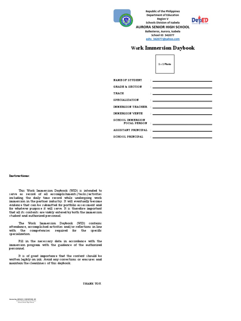 Work Immersion Daybook Template | PDF | Teaching | Human Nature