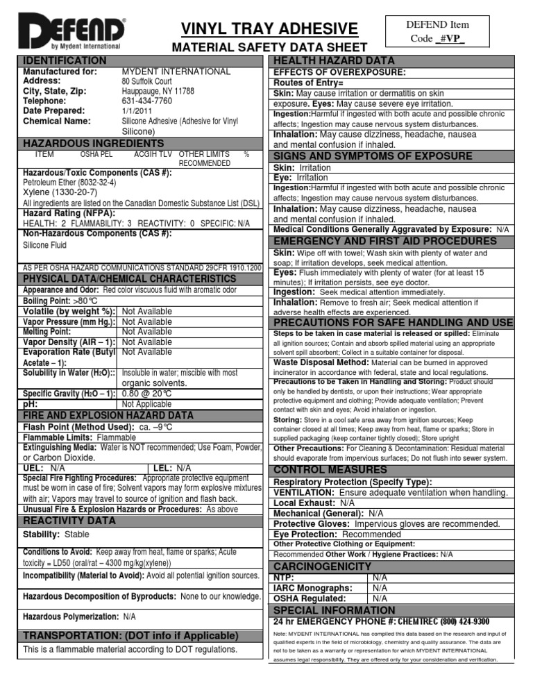 Defend Vinyl Tray Adhesive MSDS 112011 Download Free PDF Solvent