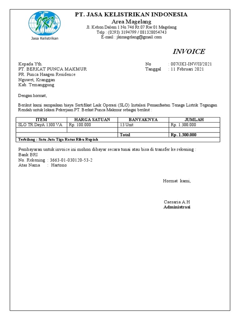 Invoice SLO Listrik Magelang | PDF