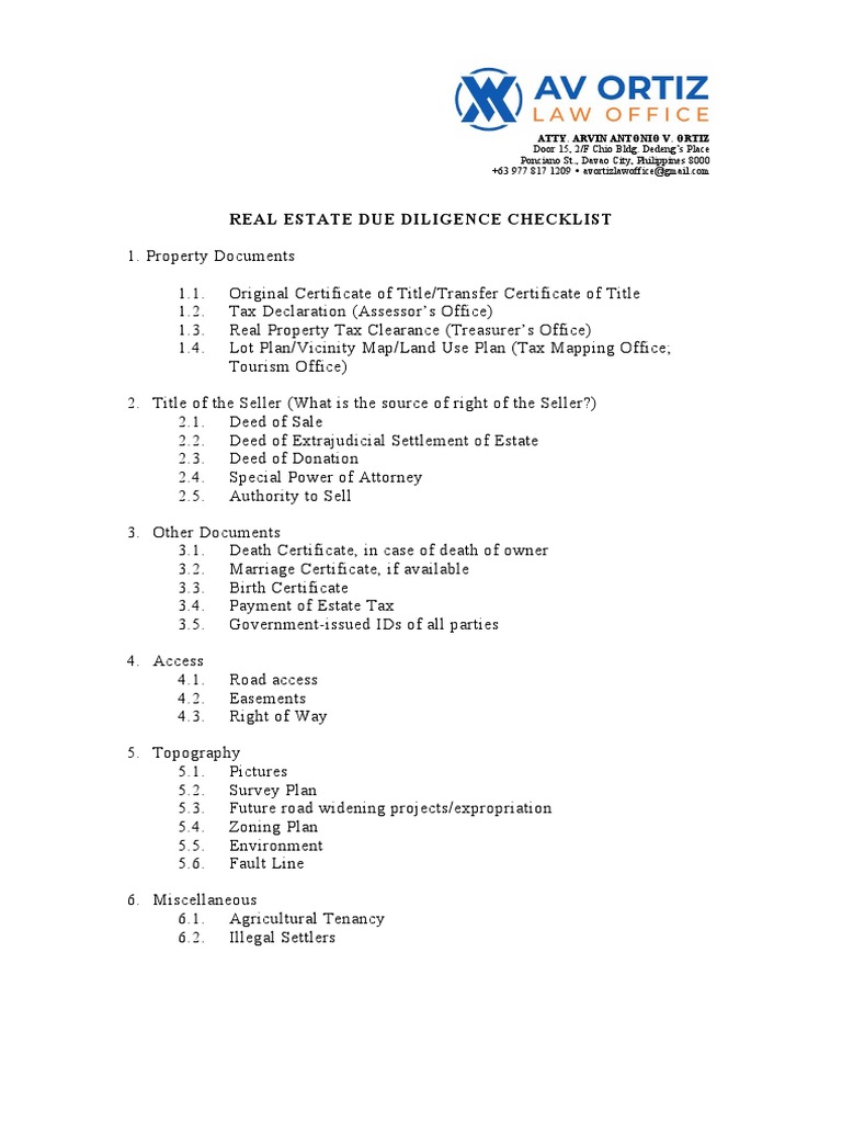 Real Estate Due Diligence Checklist PDF