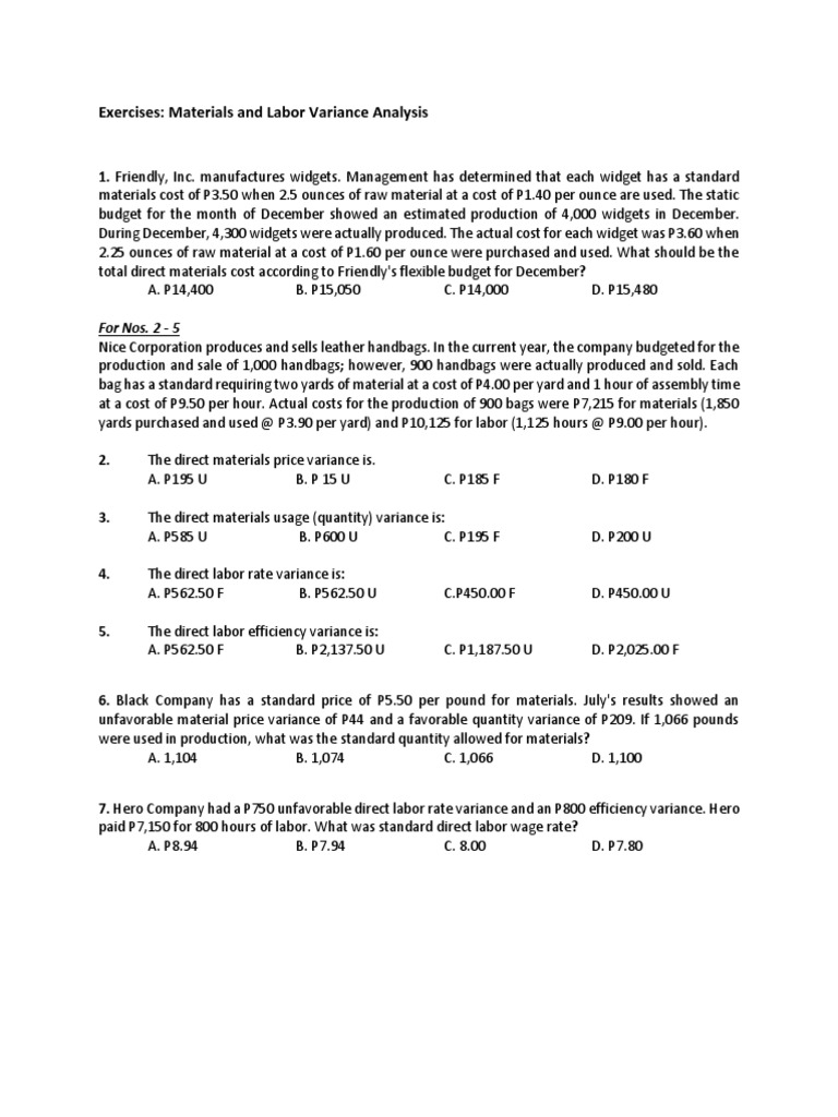 Materials and Labor Variance Exercises | PDF