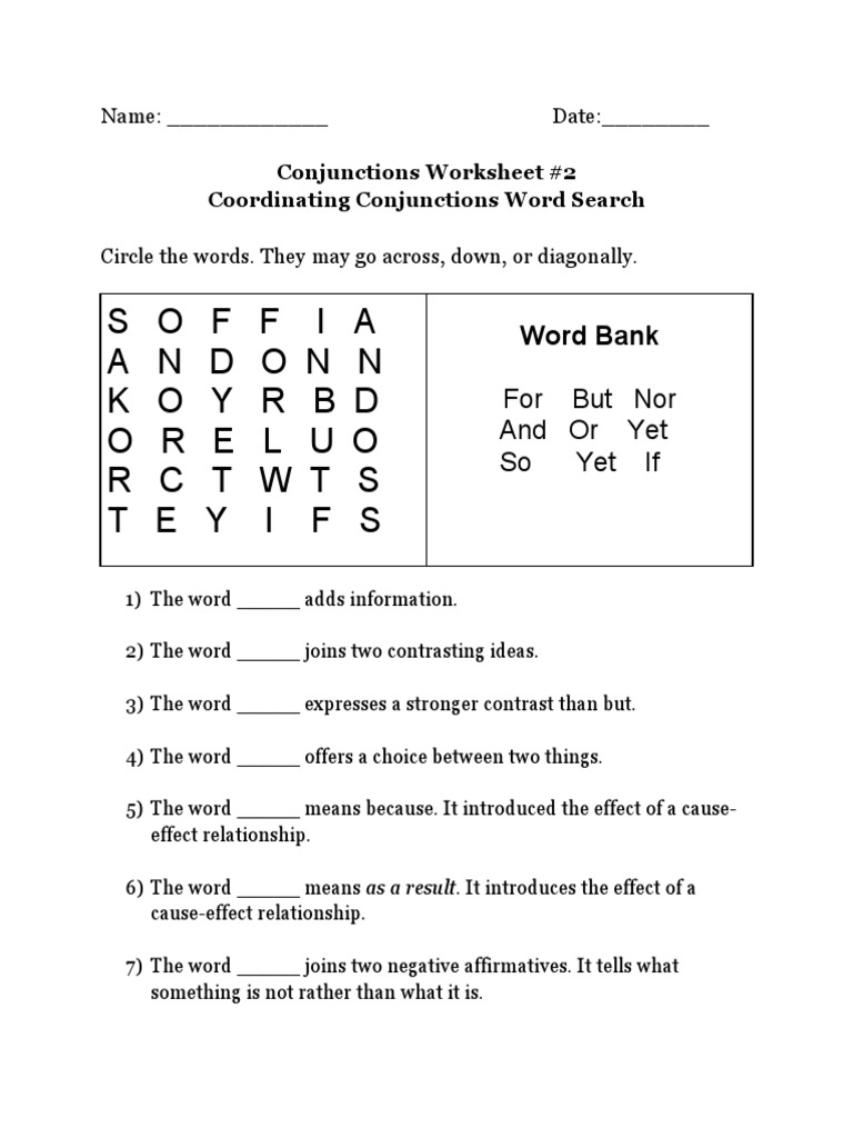 Coordinating Conjunctions Worksheet | PDF