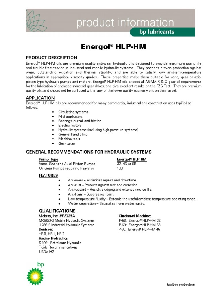 BP Energol HLP Lubricating Oil PDF Oil Pump