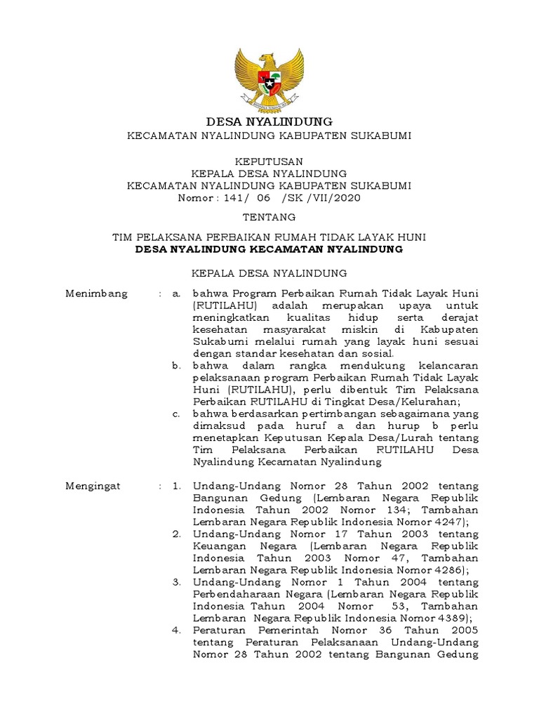 Format SK Tim Pelaksana RTLH Desa Nyalindung - Perbup 45 Th2020 | PDF