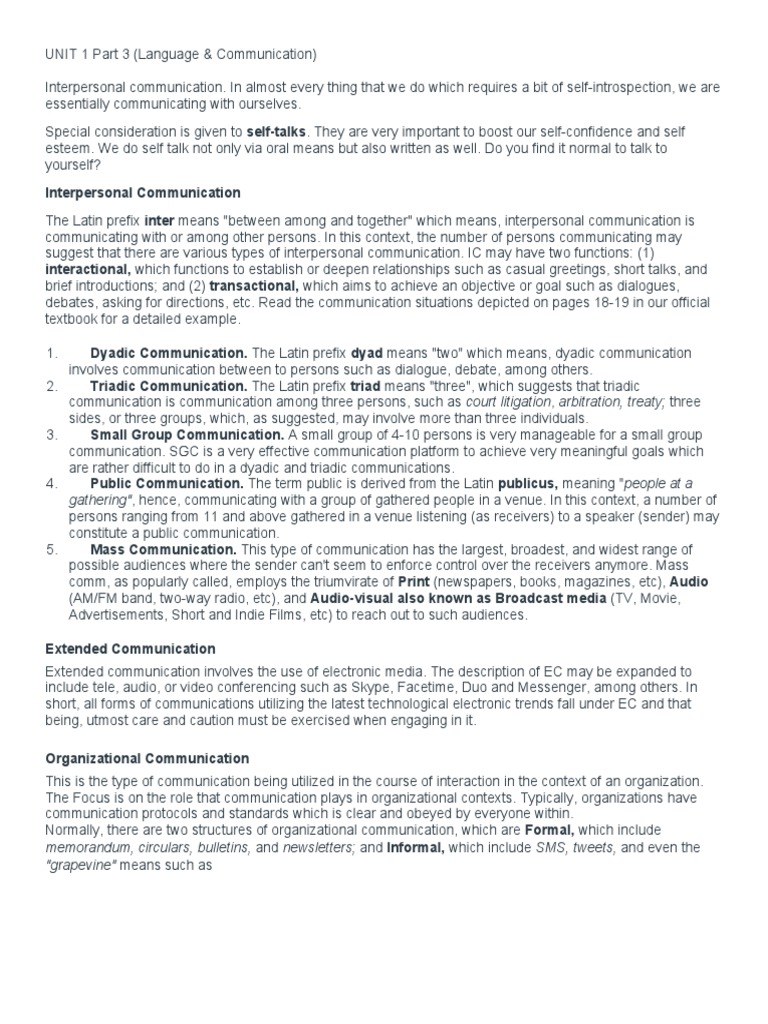 Unit 1 - Language and Comm Part 3 | PDF | Interpersonal Communication ...