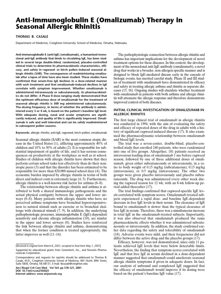 AntiImmunoglobulin E (Omalizumab) Therapy in Seasonal Allergic