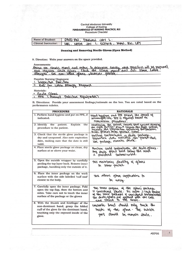 Donning & Removing Sterile Gloves (Open Method) Procedure Checklist