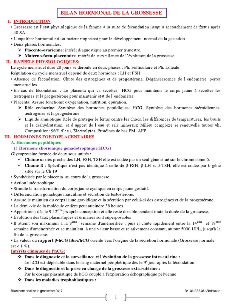 BILAN HORMONAL DE LA GROSSESSE Résumé 2017 PDF Hormone chorionique