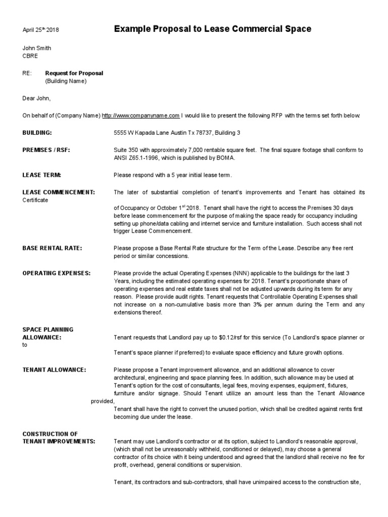 Commercial Lease Proposal Example | PDF | Lease | Leasehold Estate