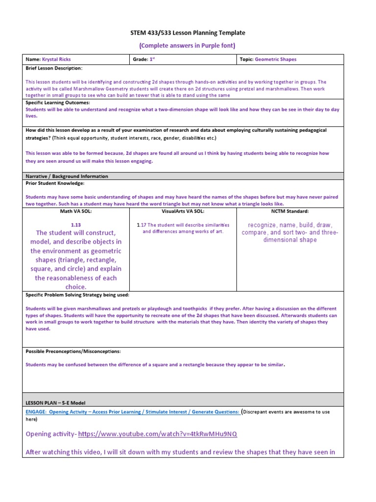 (Complete Answers in Purple Font) : STEM 433/533 Lesson Planning ...