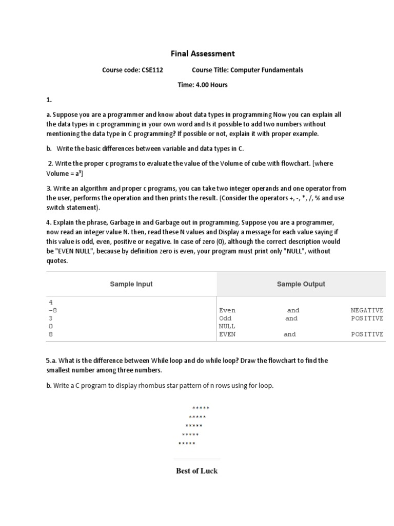 Final Assessment: Course Code: CSE112 Course Title: Computer ...