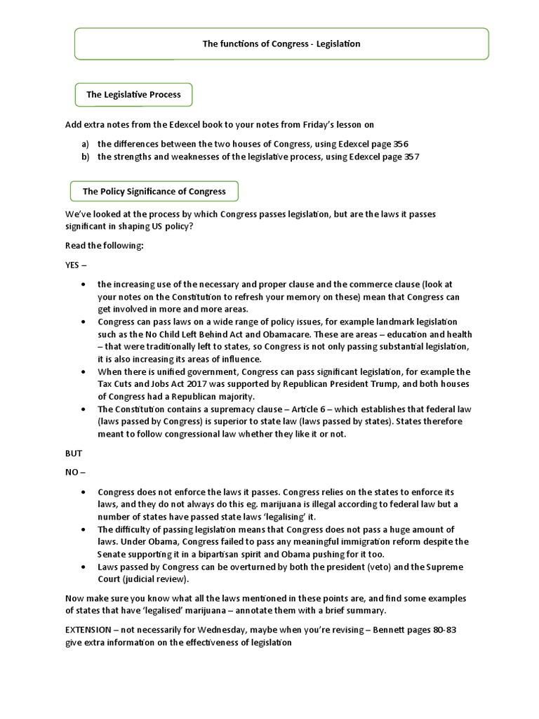 The Functions of Congress Legislation PDF United States Congress