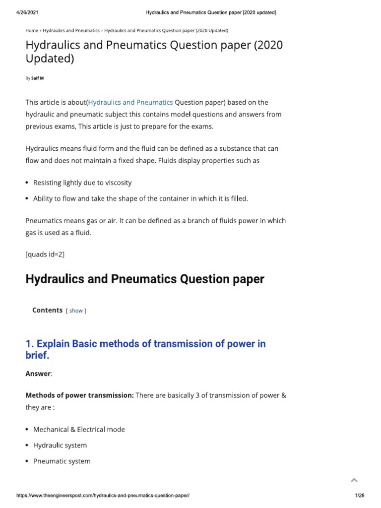 Hydraulics and Pneumatics Question Paper (2020 Updated) PDF Nature