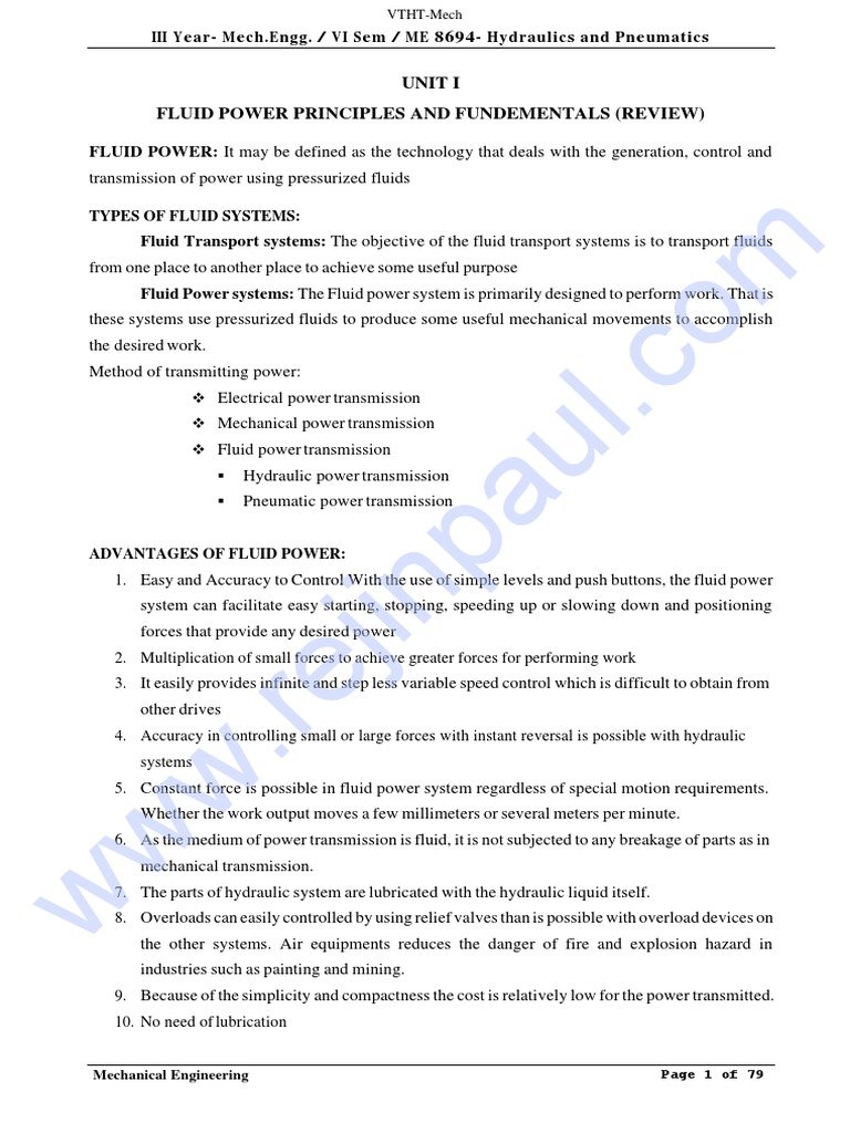 Hydraulics and Pneumatics Notes PDF Pump Reynolds Number