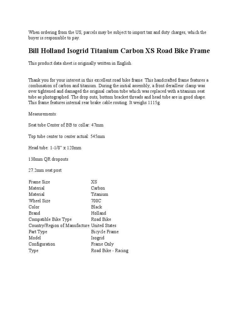 Bill Holland Isogrid Titanium Carbon XS Road Bike Frame | PDF
