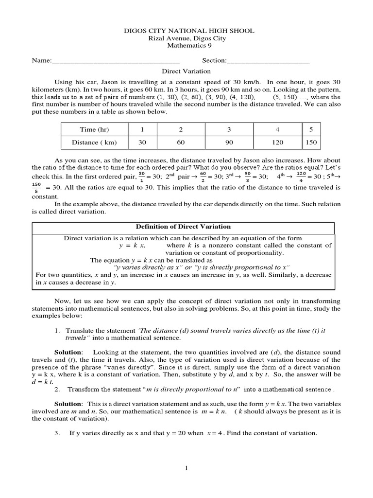 Understanding Direct Variation Concepts | PDF | Variable (Mathematics ...