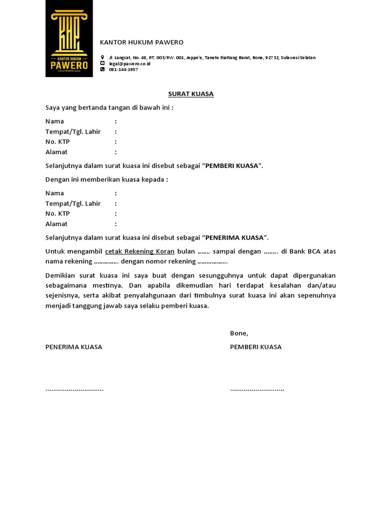 Surat Kuasa Khusus Cetak Rekening Koran | PDF