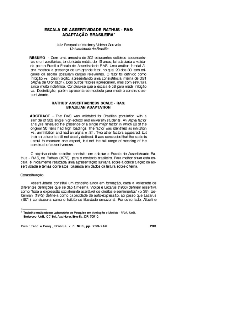 Escala de Assertividade Rathus - Ras - Adaptação Brasileira | PDF ...