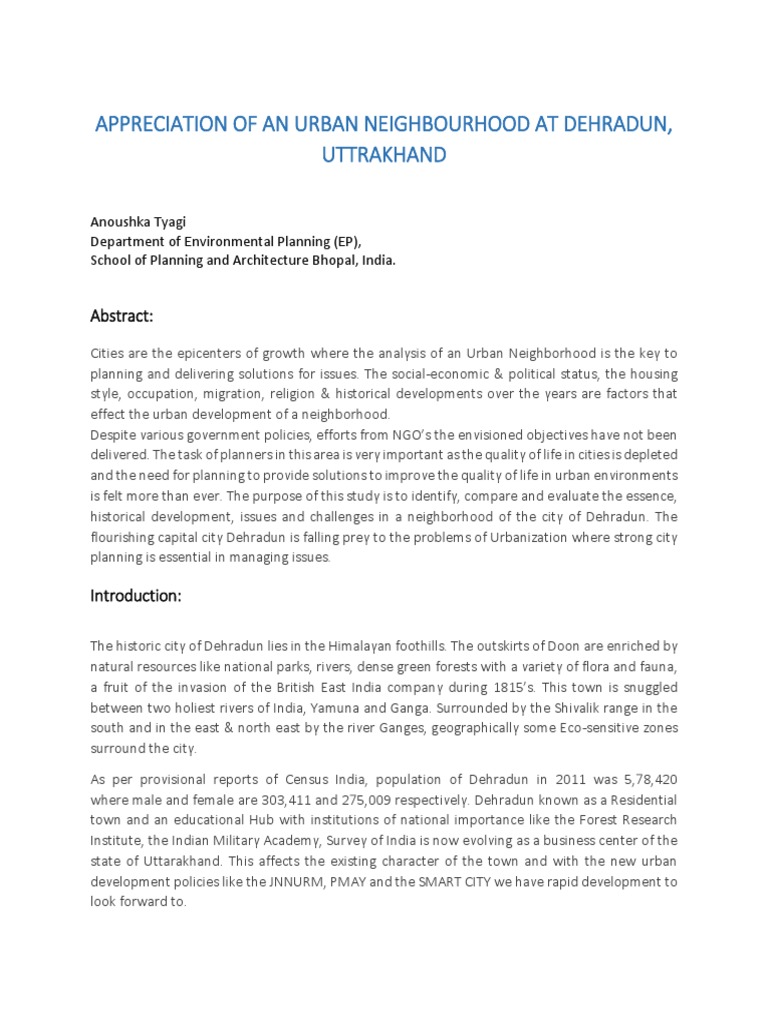 Appreciation Of An Urban Neighbourhood At Dehradun Pdf Urbanization