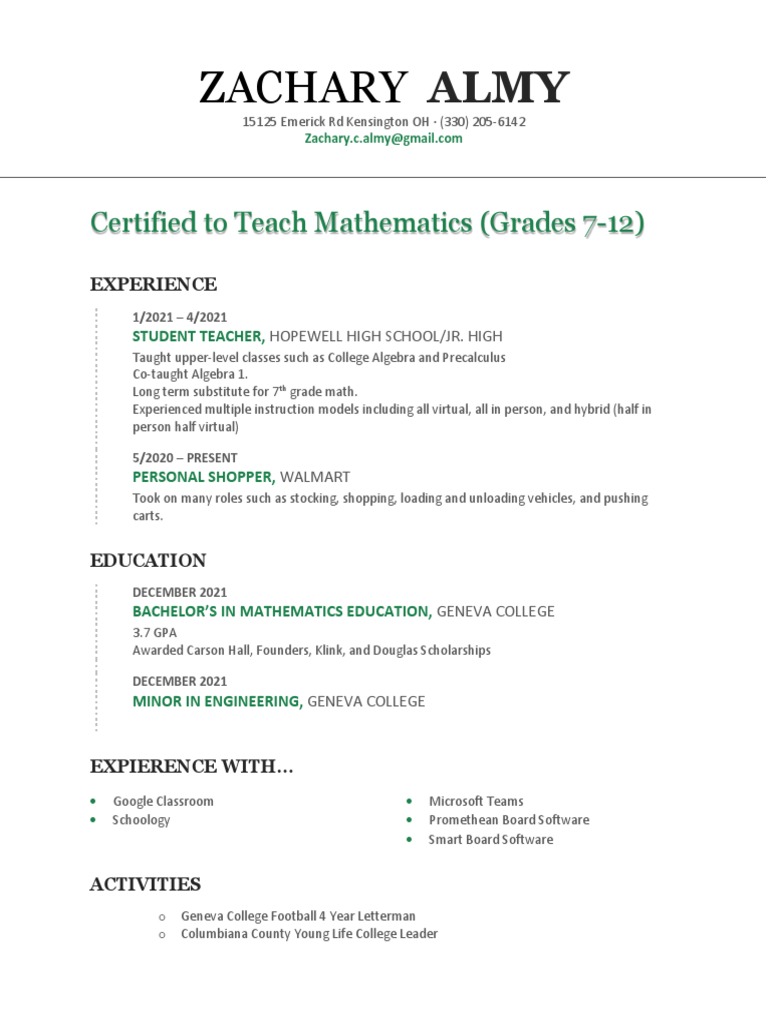 Zachary Almy - Math Teacher Resume | PDF