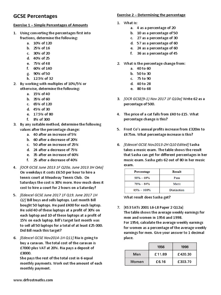 GCSE Percentages: Exercise 2 - Determining The Percentage | PDF ...