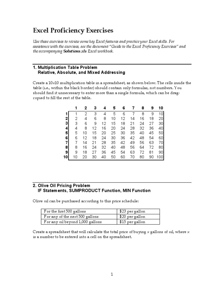 Proficiency Exercises PDF Microsoft Excel Spreadsheet