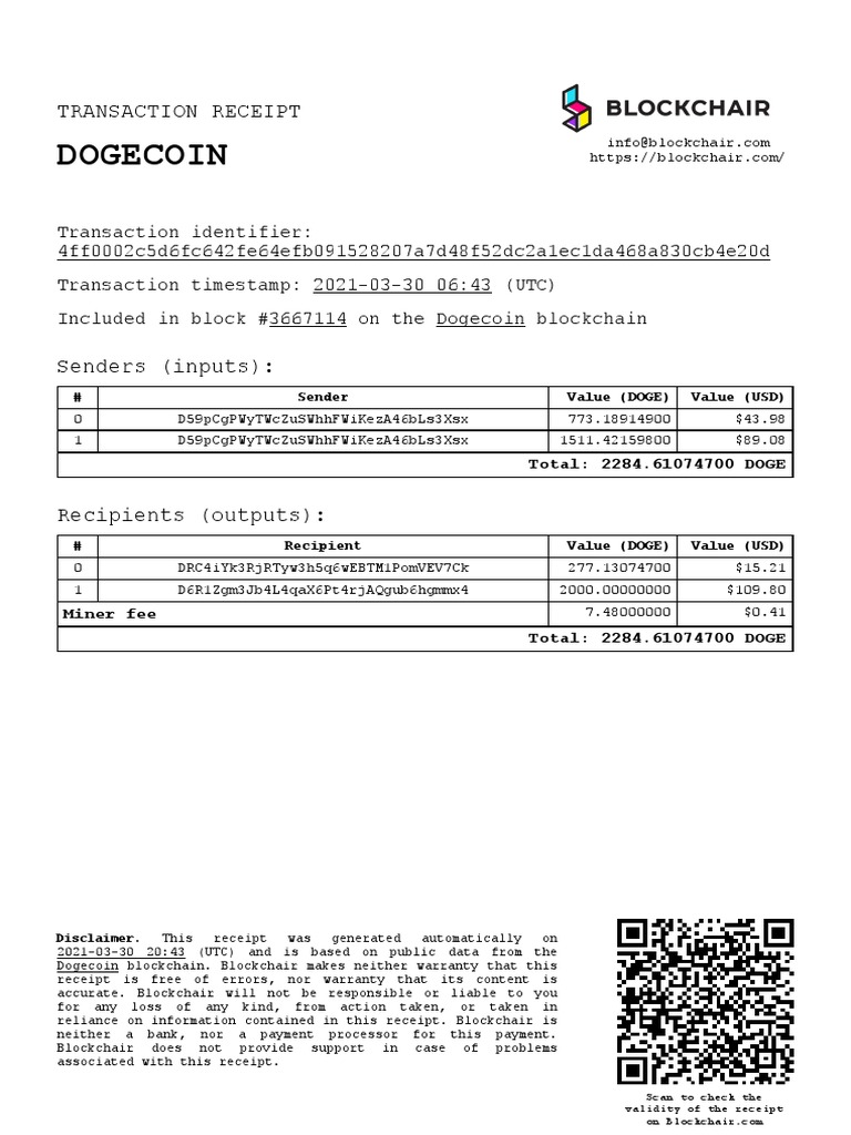 Dogecoin: Transaction Receipt | PDF
