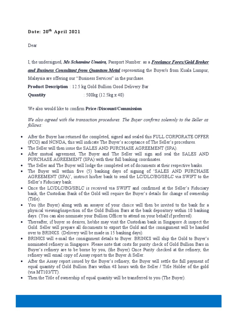 Gold Bullion Purchase Agreement Process | PDF | Gold As An Investment ...