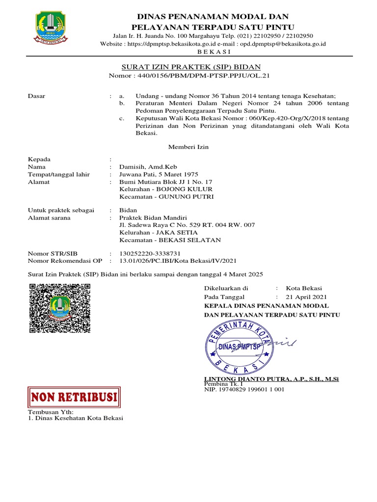 Surat Izin Praktek (Sip) Bidan: Dinas Penanaman Modal Dan Pelayanan ...