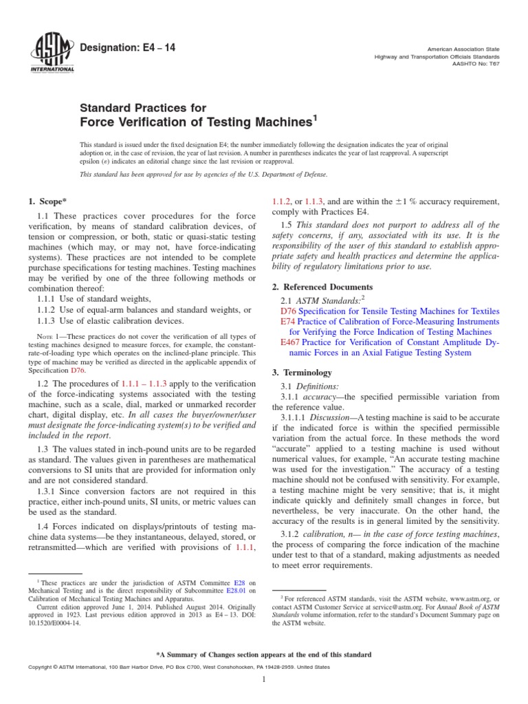 E4-14 Standard Practices For Force Verification of Testing Machines | PDF