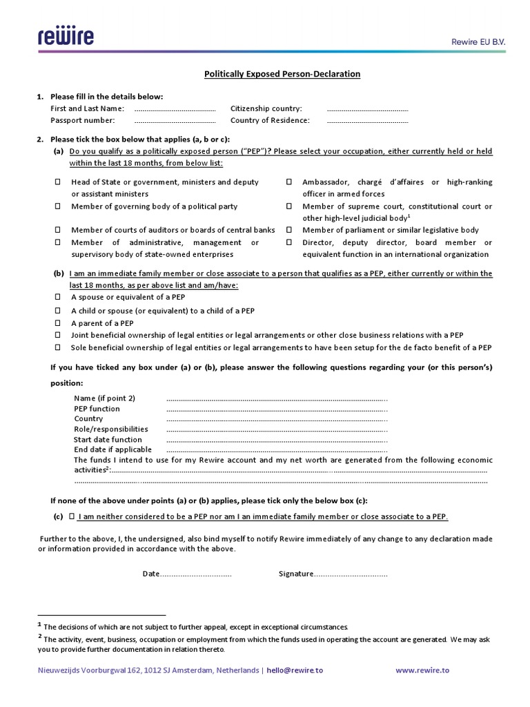 Politically Exposed Person-Declaration: Nieuwezijds Voorburgwal 162 ...