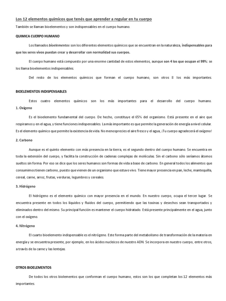 Elementos Químicos en El Cuerpo | PDF | Cuerpo humano | Organismos