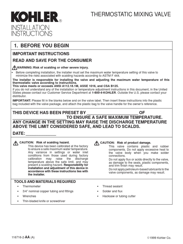 Kohler Thermostatic Mixing Valve PDF Water Heating Valve