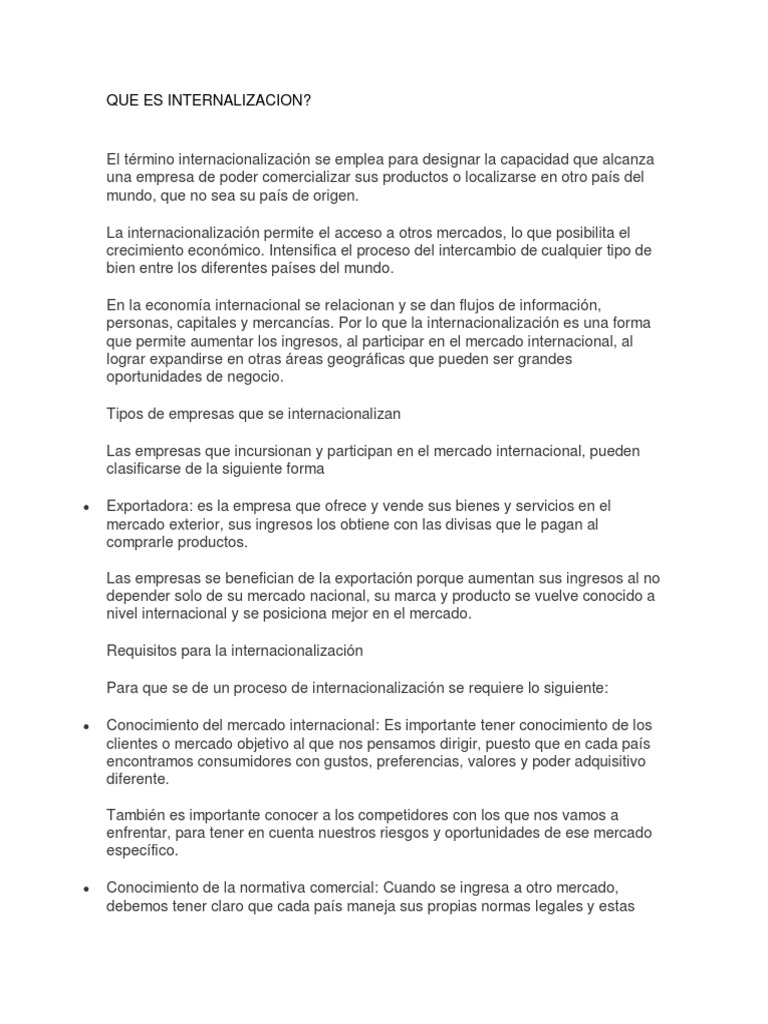 Que Es Internalizacion PDF Empresas Internacionalizacion