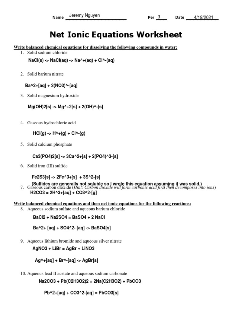 Net Ionic Equations Practice Worksheet | PDF | Sodium Chloride | Magnesium