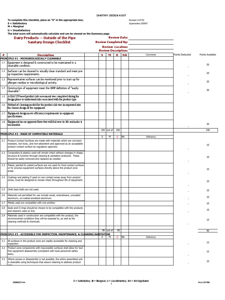 Dairy Products Outside of The Pipe Sanitary Design Checklist PDF Sanitation Hygiene