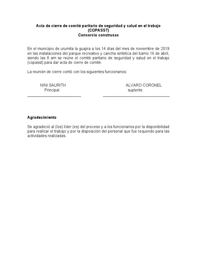 Acta de Cierre COPASST Urumita 2019 | PDF | Ciencia y matemáticas ...