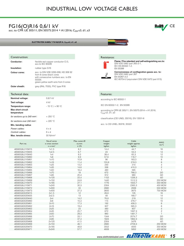 FG16 Low Voltage Cable Specifications | PDF | Wire | Electric Power