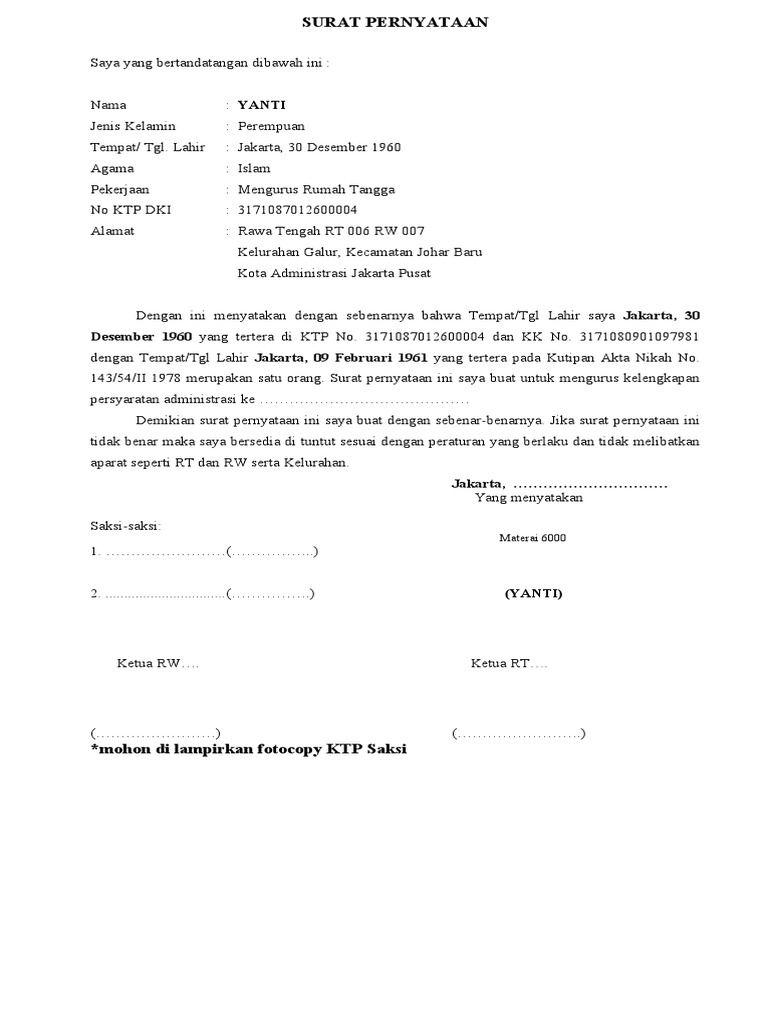 Blanko Surat Pernyataan Umum Kelurahan Satu Orang PDF