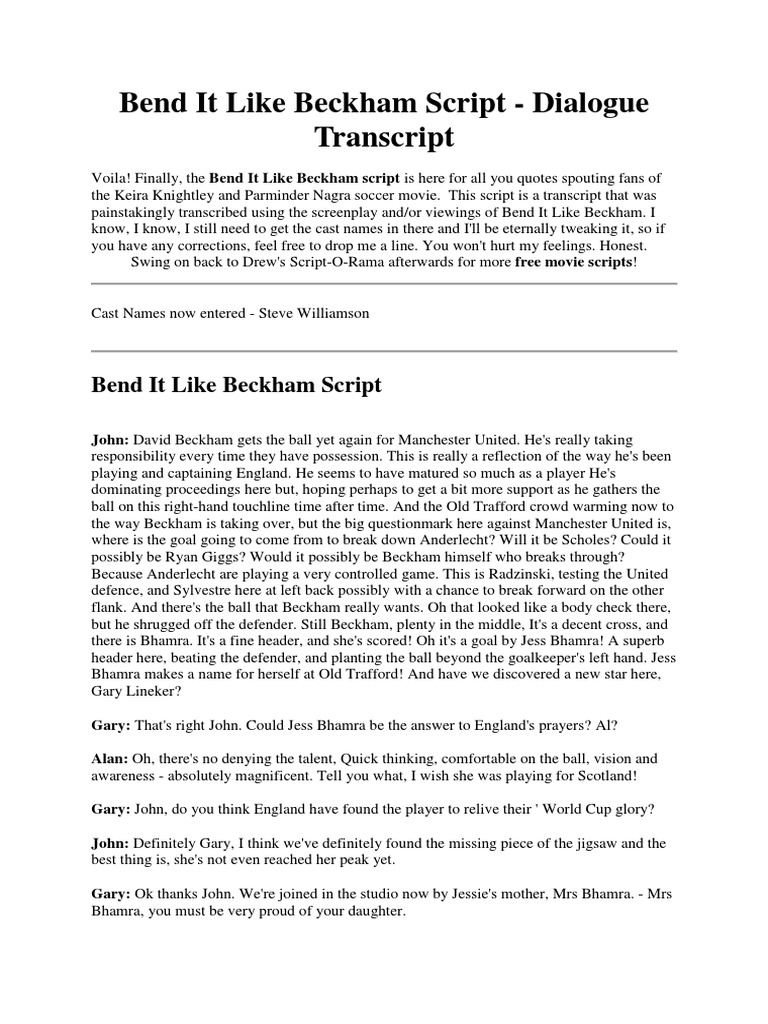 Bend It Like Beckham Script | PDF | David Beckham | Sports
