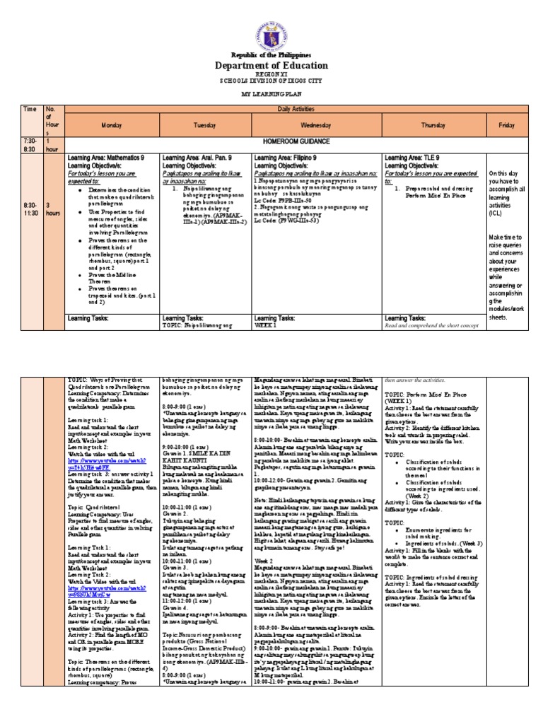 Grade 9 Weekly Learning Plan | PDF | Euclidean Plane Geometry ...