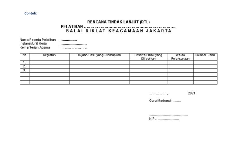 Contoh Format RTL Pelatihan Keagamaan | PDF