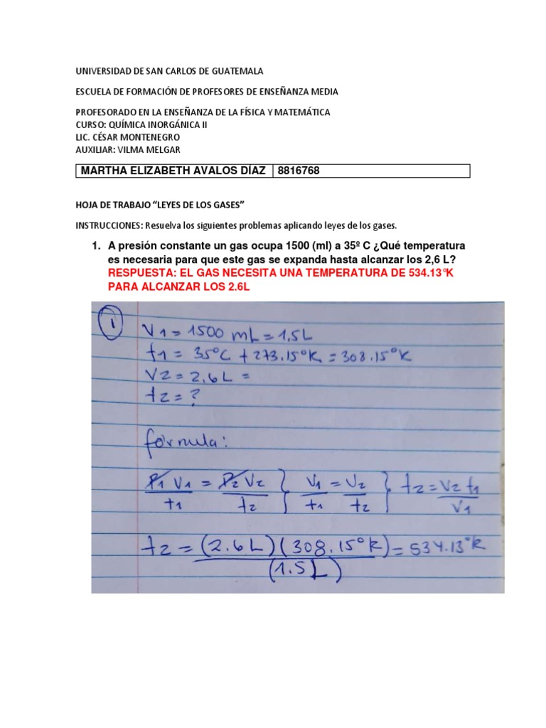 Hoja De Trabajo Práctica Sobre La Ley De Los Gases Ideales Ejercicios