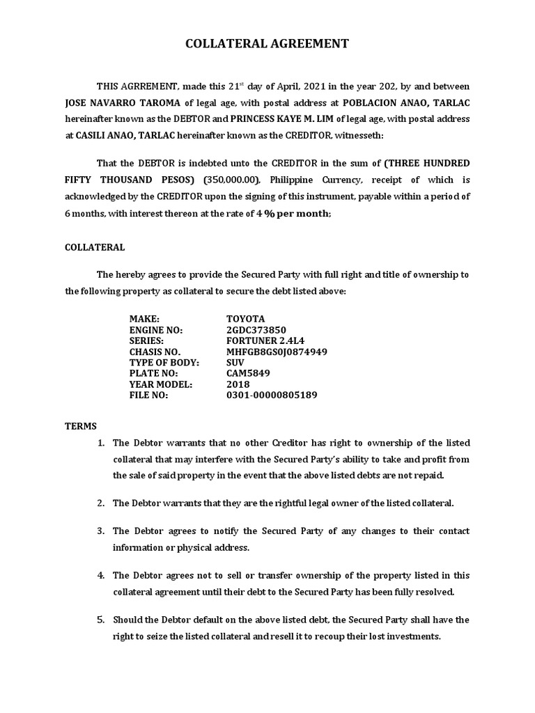 Collateral Agreement PDF Debtor Debt