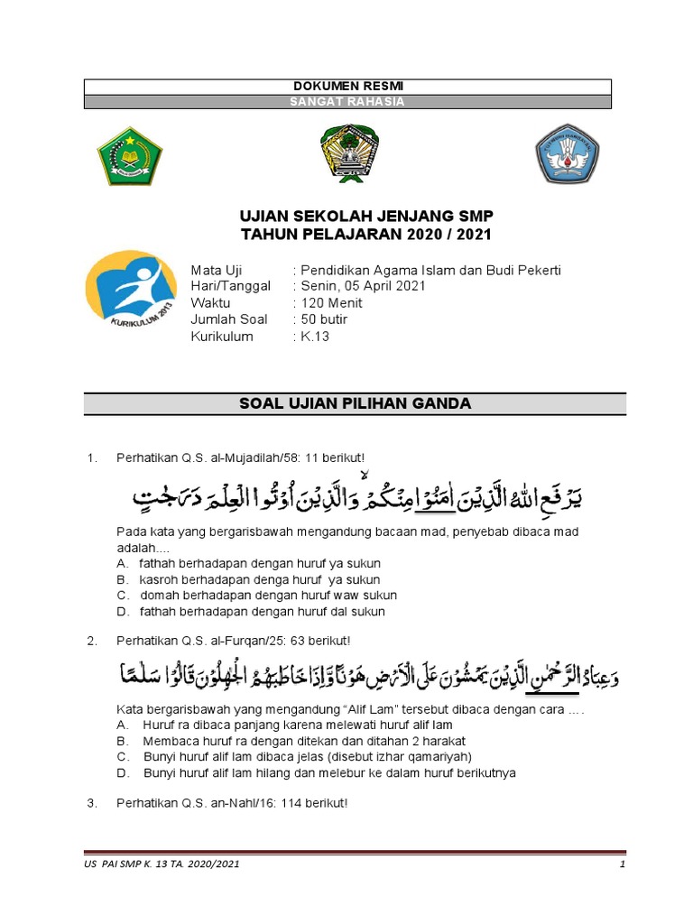 Kunci Jawaban Soal Pilihan Ganda PAI Kelas 9 Halaman 140-143