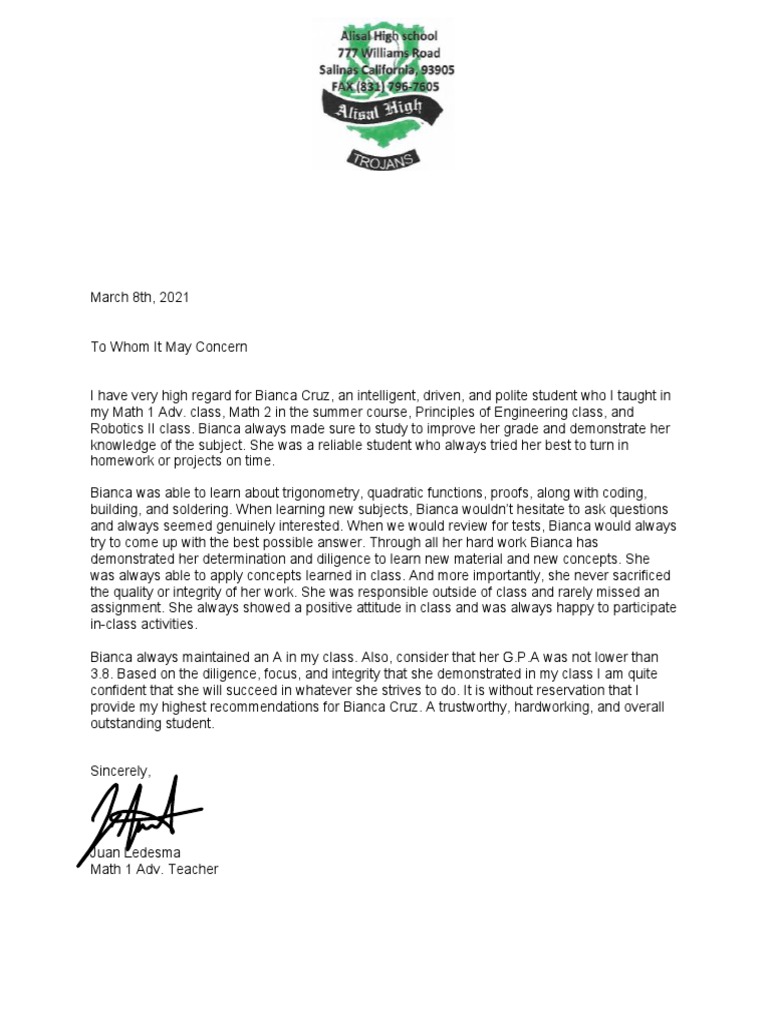 Kami Export - Math Letter of Recommendation - Bianca Cruz | PDF ...