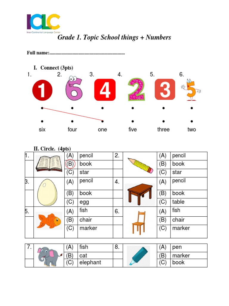 English Grade 1. School Things + Numbers | PDF