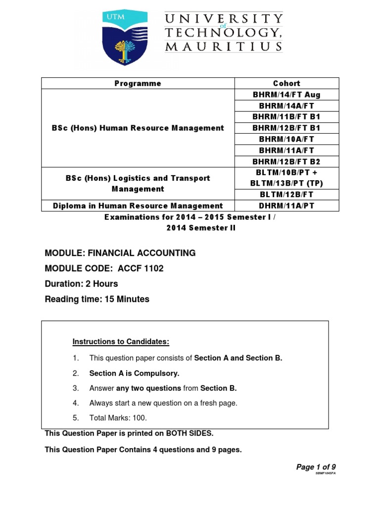 Module: Financial Accounting Module Code: Accf 1102 Duration: 2 Hours ...